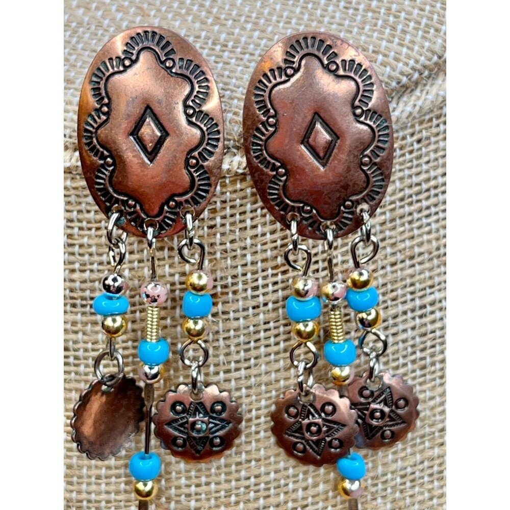 Vintage Copper & Turquoise Beaded Dangle Earrings With Geometric Design & Tribal - Picture 10 of 11